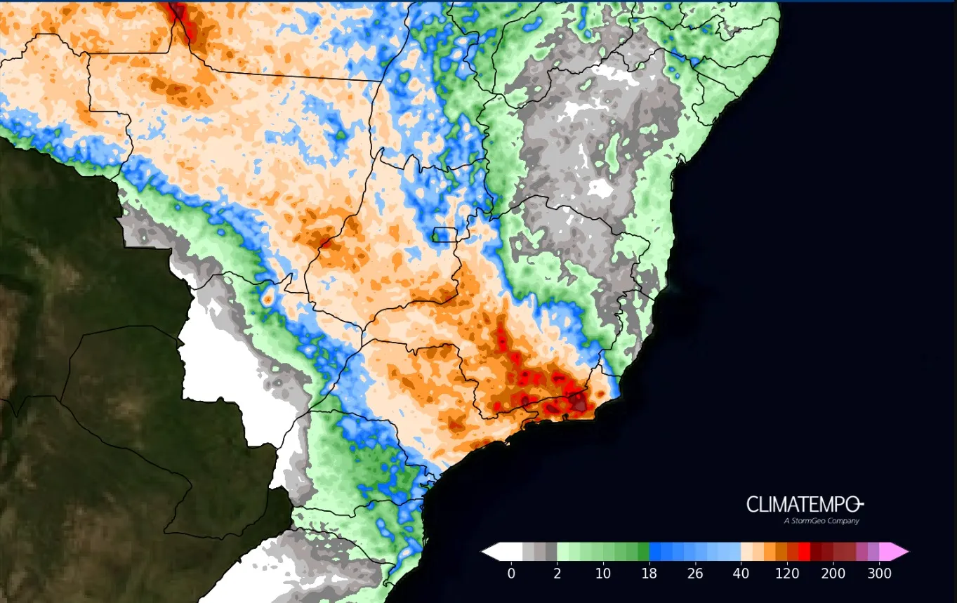 A imagem mostras as áreas de precipitações de chuva previsto entre 26 de dezembro de 2024 e 30 de dezembro de 2024